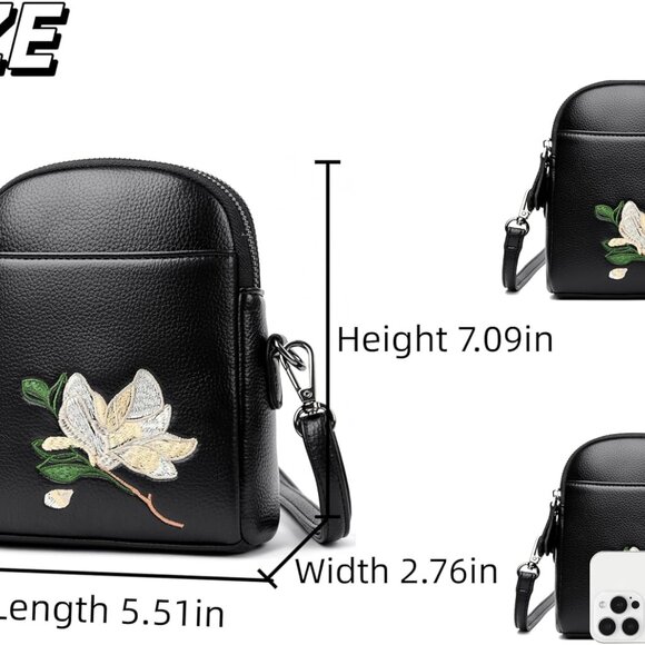Women Crossbody Bag PU Leather Magnolia Embroidery Cell Phone Purse - Picture 5 of 6